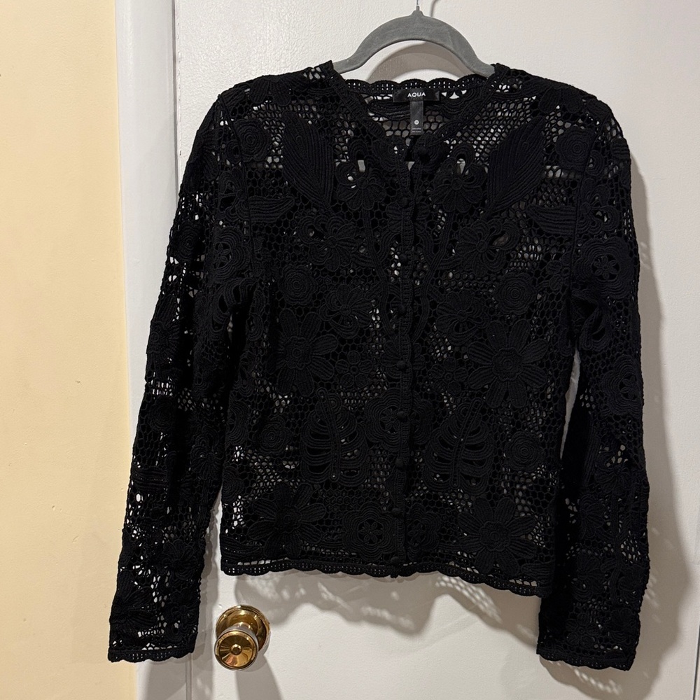 Aqua Black Floral Crochet Lace Cardigan